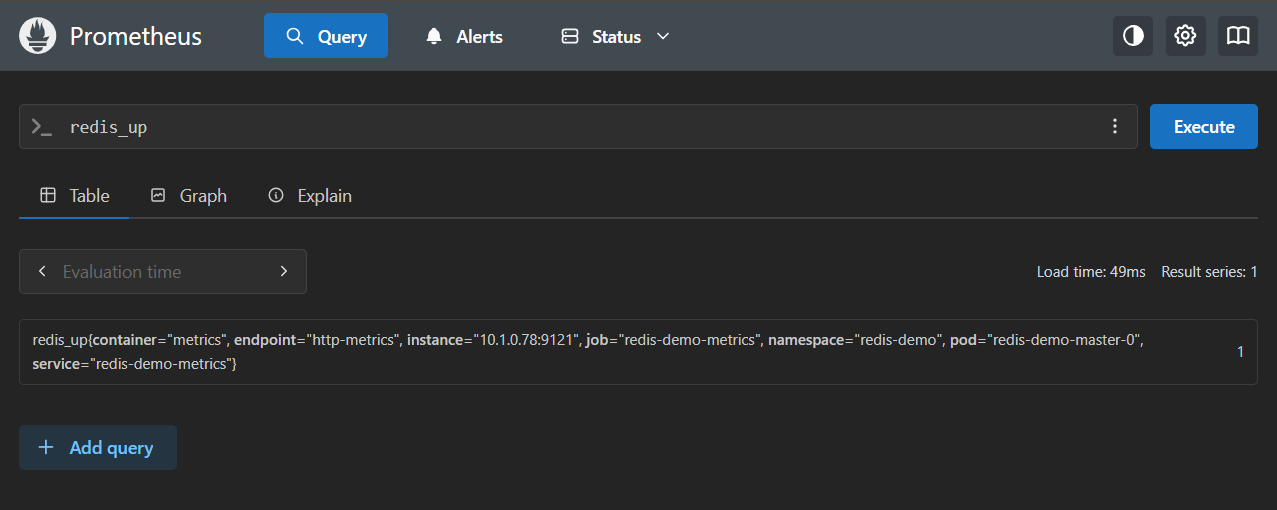 Prometheus UI screenshot typing the redis_up query and hitting Execute, showing the result in the Table tab
