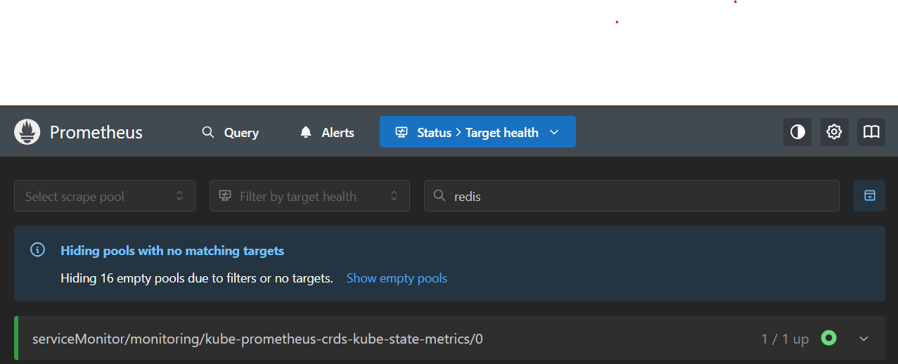 Prometheus UI screenshot filtering the Targets page by "redis" and finding nothing at all — no redis-demo pool visible