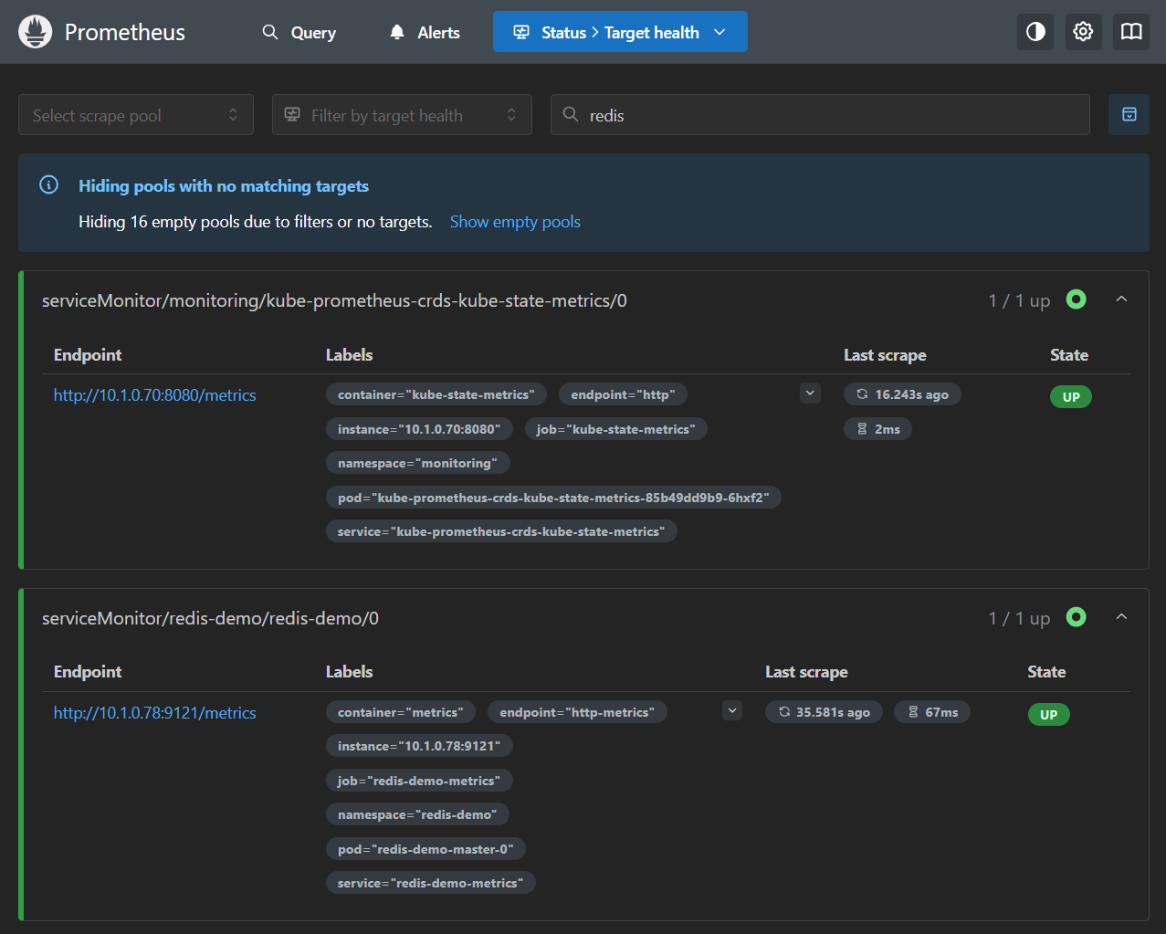 Prometheus UI screenshot filtering the Targets page by "redis" and finding redis-demo showing status UP in green